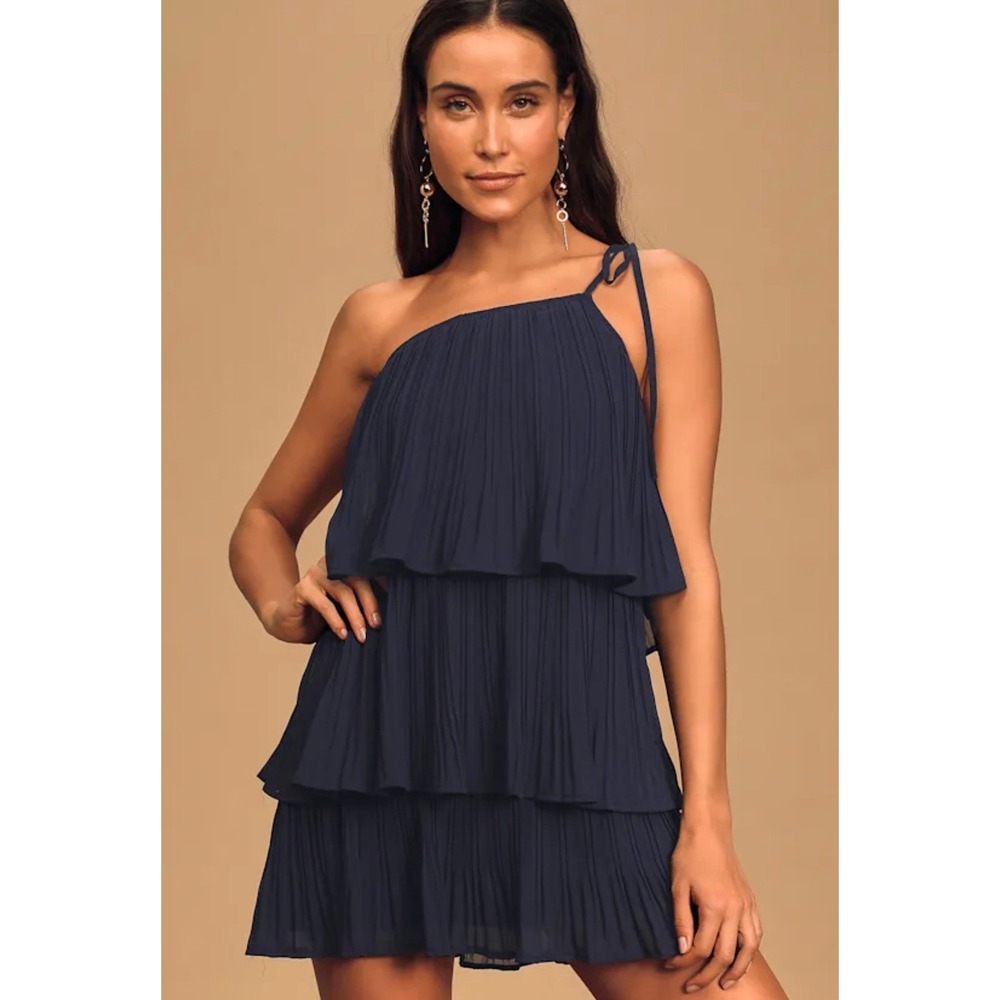 Lulus Blowing Kisses Navy Blue Pleated One Shoulder Mini Dress Cocktail Small